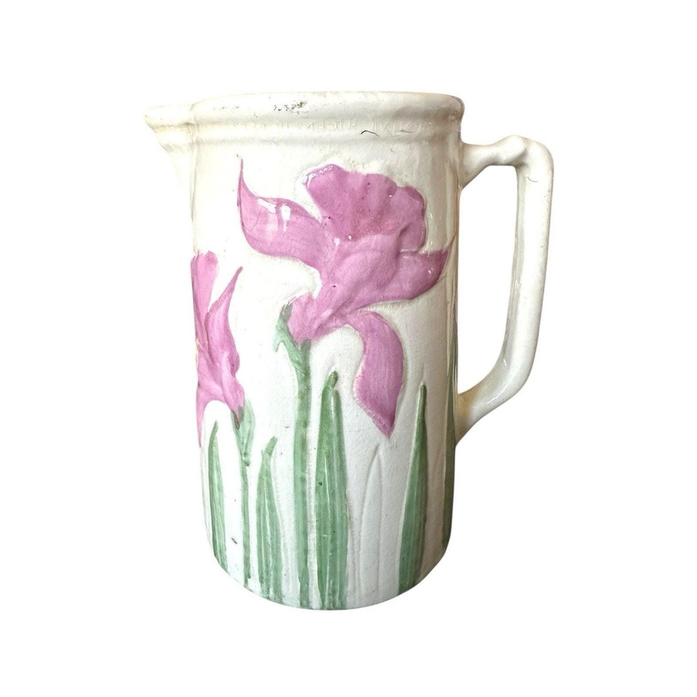 Wheeling Pottery Majolica Pink Iris Ironstone 7 3/4" Pitcher Antique Handpainted